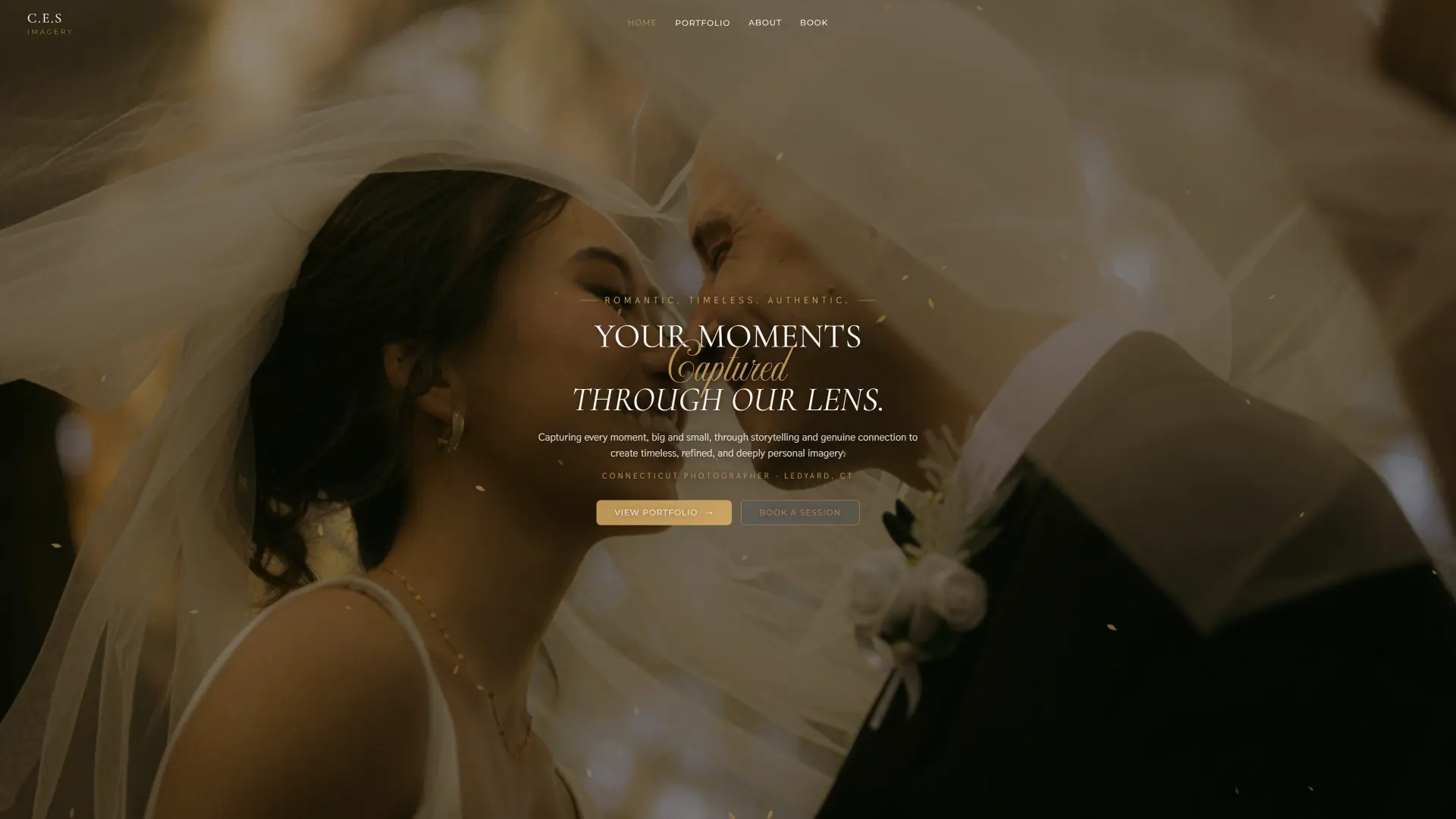 C.E.S Imagery homepage featuring a wedding portrait and the message Your Moments Captured Through Our Lens