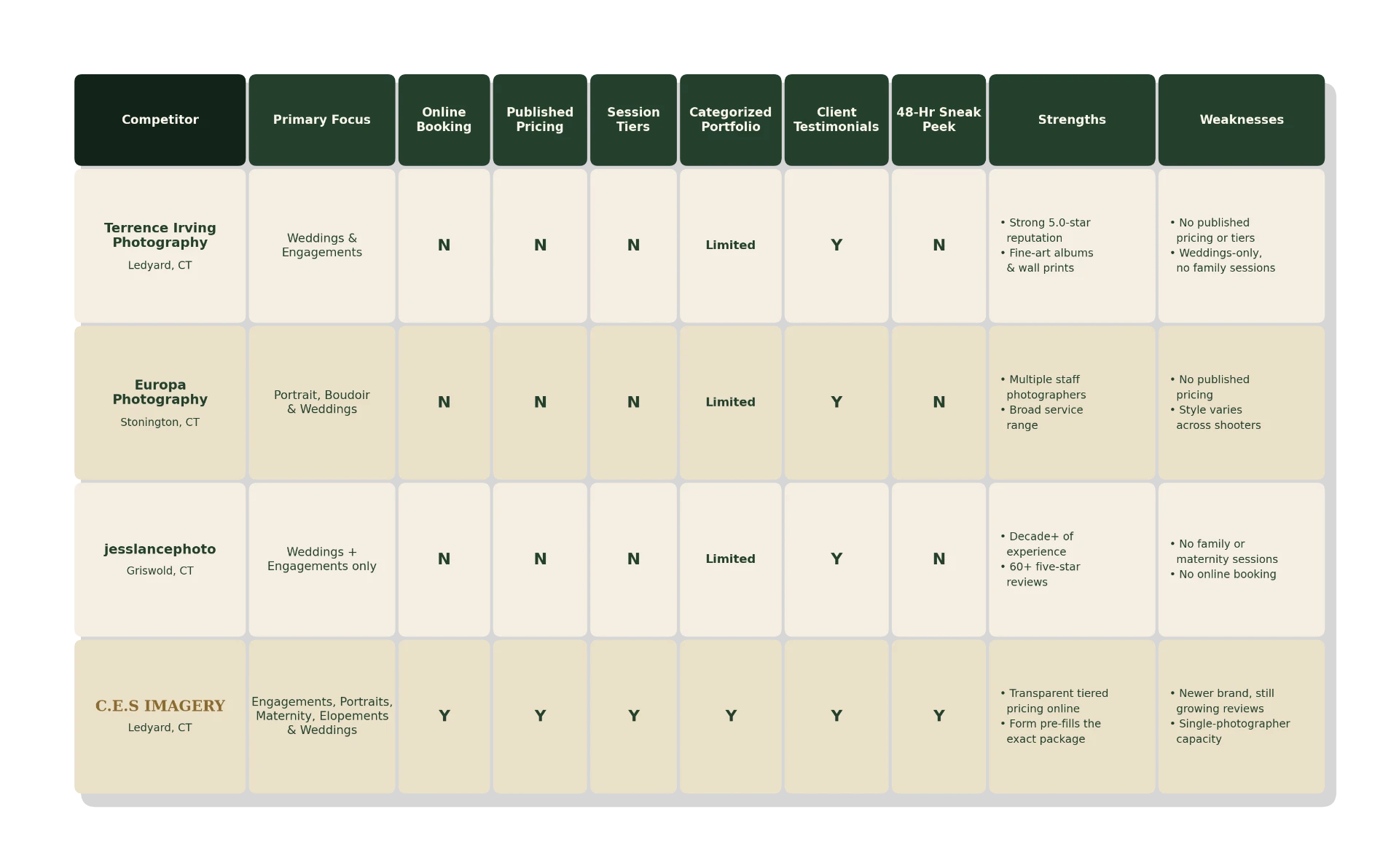 Competitive analysis comparing four Connecticut photography studios across booking, pricing, portfolios, testimonials, and session tiers