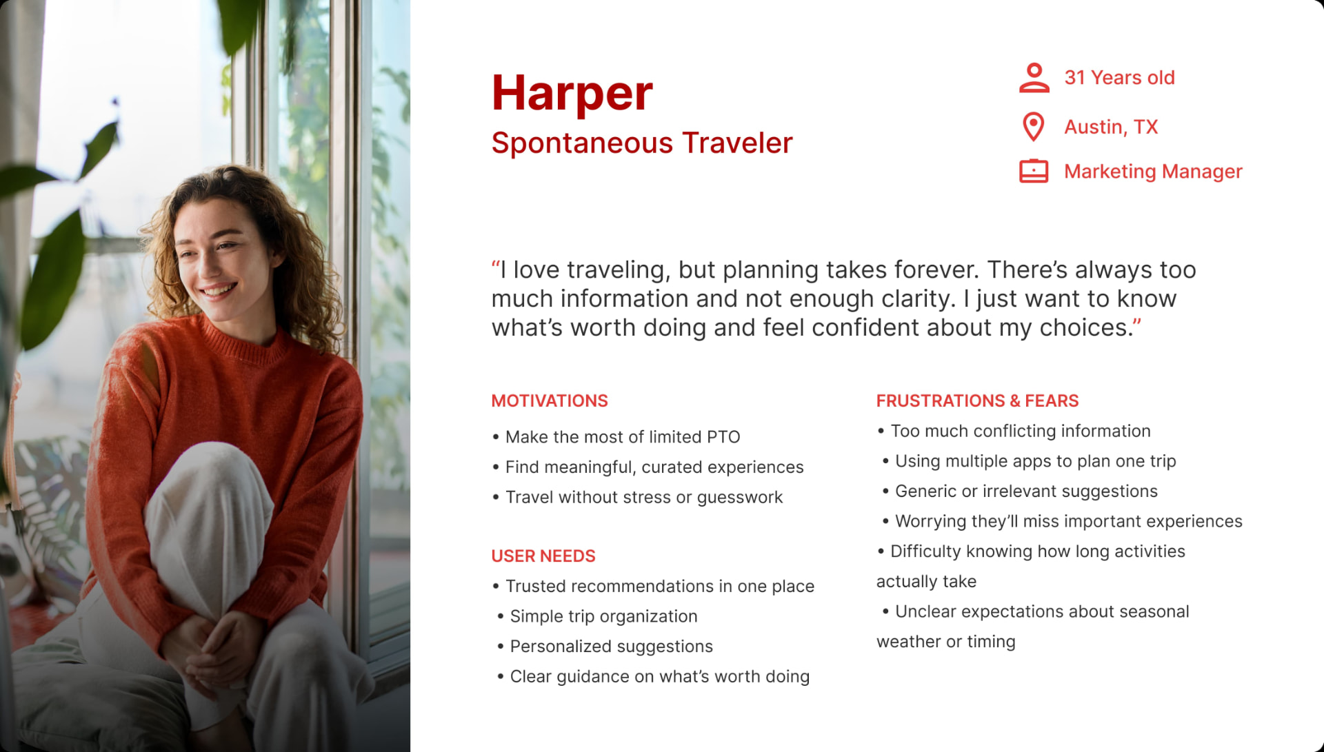 Primary persona profile for Harper, a 31-year-old spontaneous traveler and marketing manager in Austin, Texas, with motivations, user needs, and frustrations