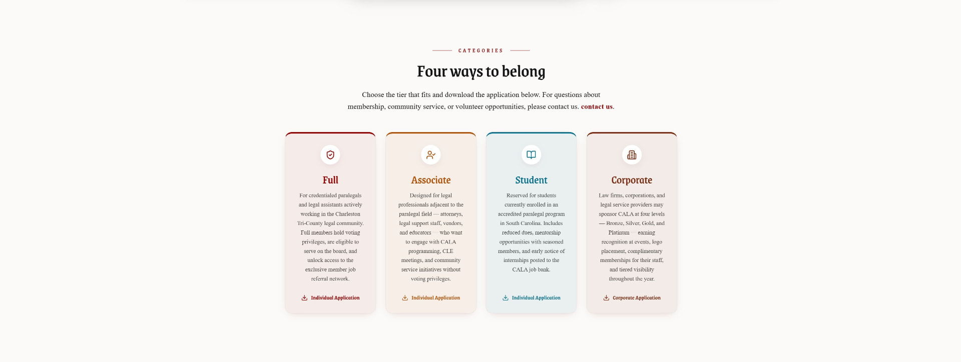 CALA membership tier cards for Full, Associate, Student, and Corporate categories