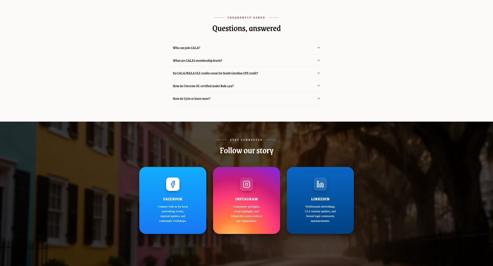 CALA Questions Answered FAQ accordion above a Follow Our Story social section