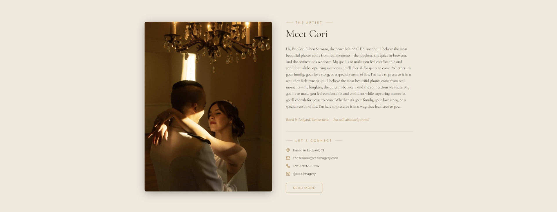 C.E.S Imagery about section with a wedding portrait and biography text
