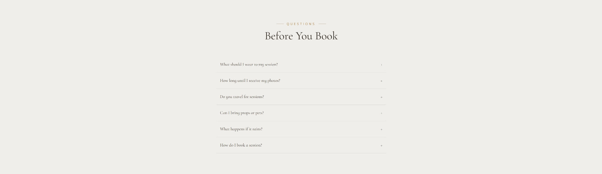 C.E.S Imagery Before You Book FAQ section with expandable questions