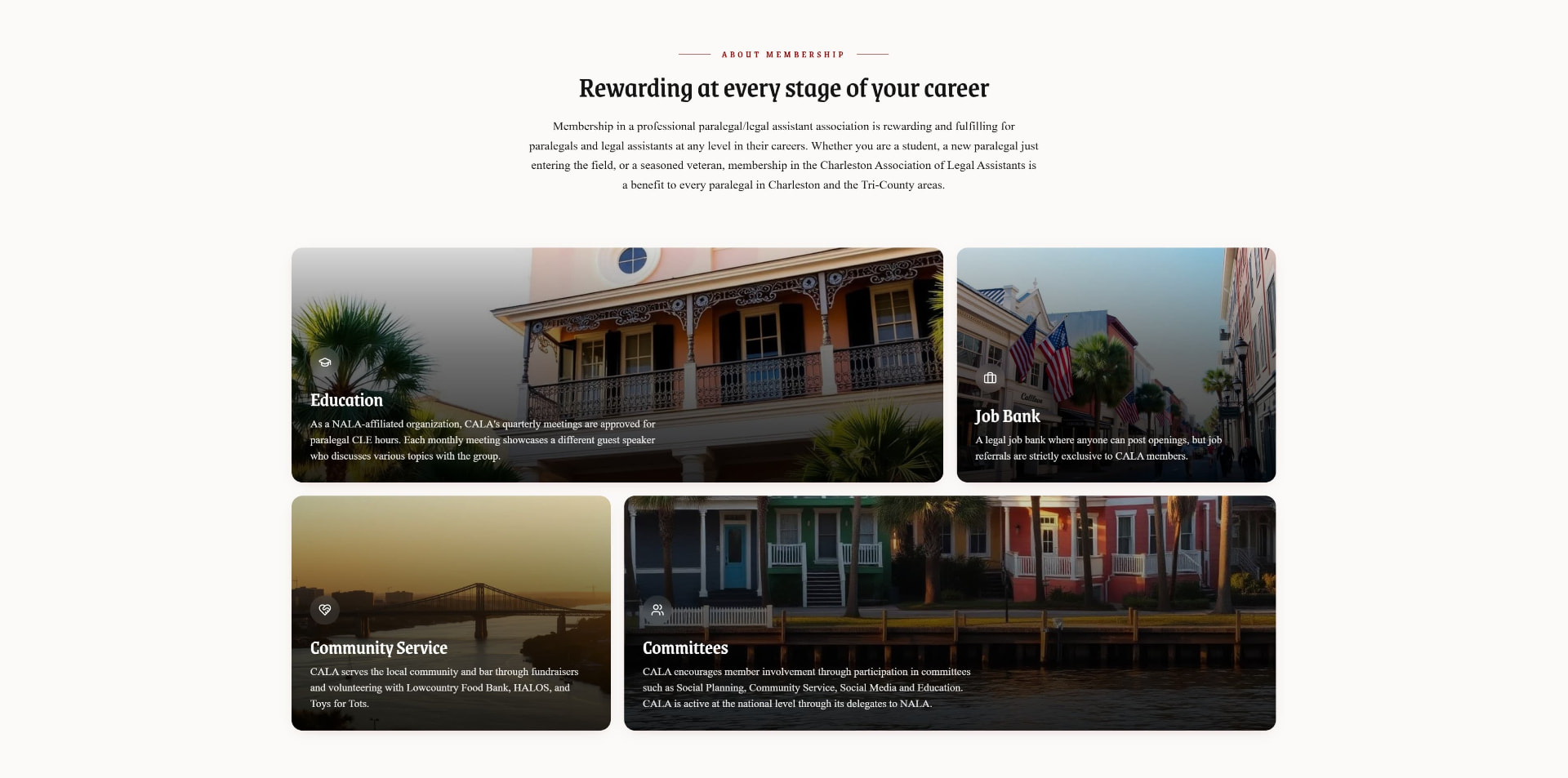 CALA membership benefits grid with Education, Job Bank, Community Service, and Committees cards over Charleston photography