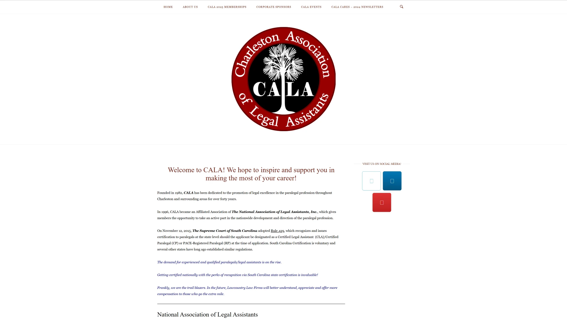 CALA's original WordPress homepage, a long page of dense text under the association seal