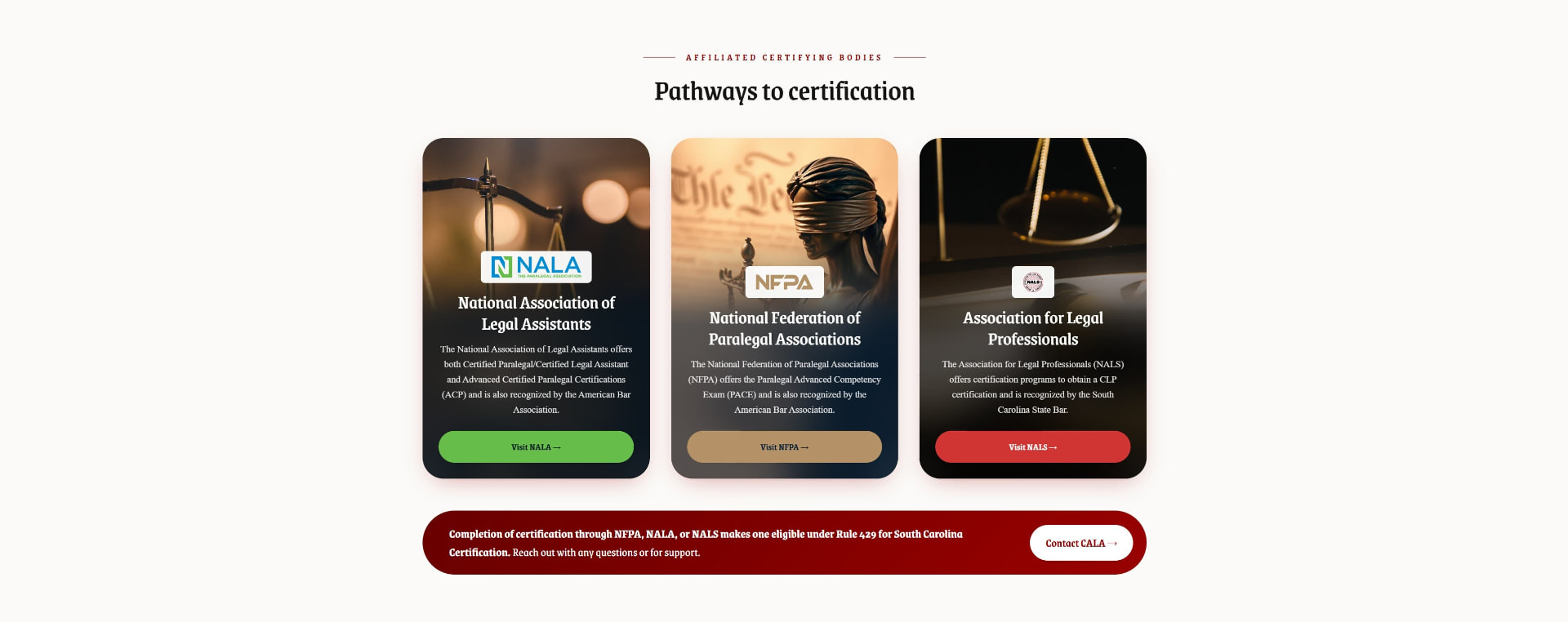 Pathways to Certification section with NALA, NFPA, and NALS partner cards