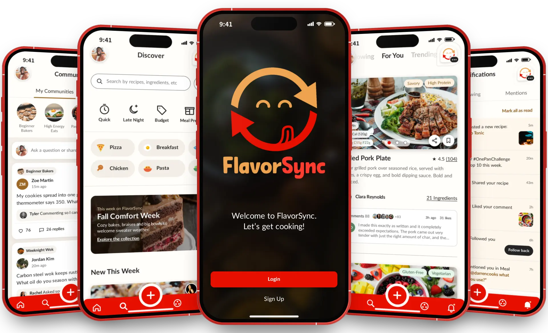 Five FlavorSync app screens shown on phones: communities, discover, login, for you feed, and notifications