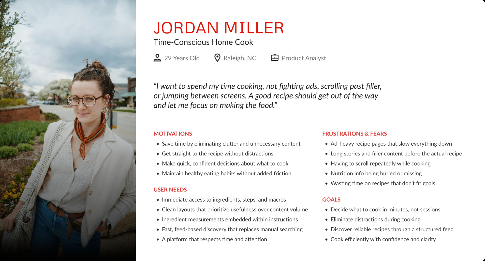 Primary persona profile for Jordan Miller, a 29-year-old time-conscious home cook in Raleigh, North Carolina, with motivations, user needs, frustrations, and goals