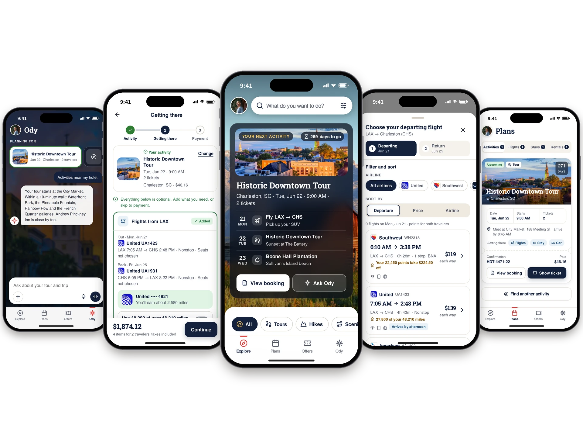 Five American Odyssey screens on phones: Ody answering a question about the tour, the optional Getting there step, Explore with the next activity, flights from several airlines, and the tour ticket in Plans