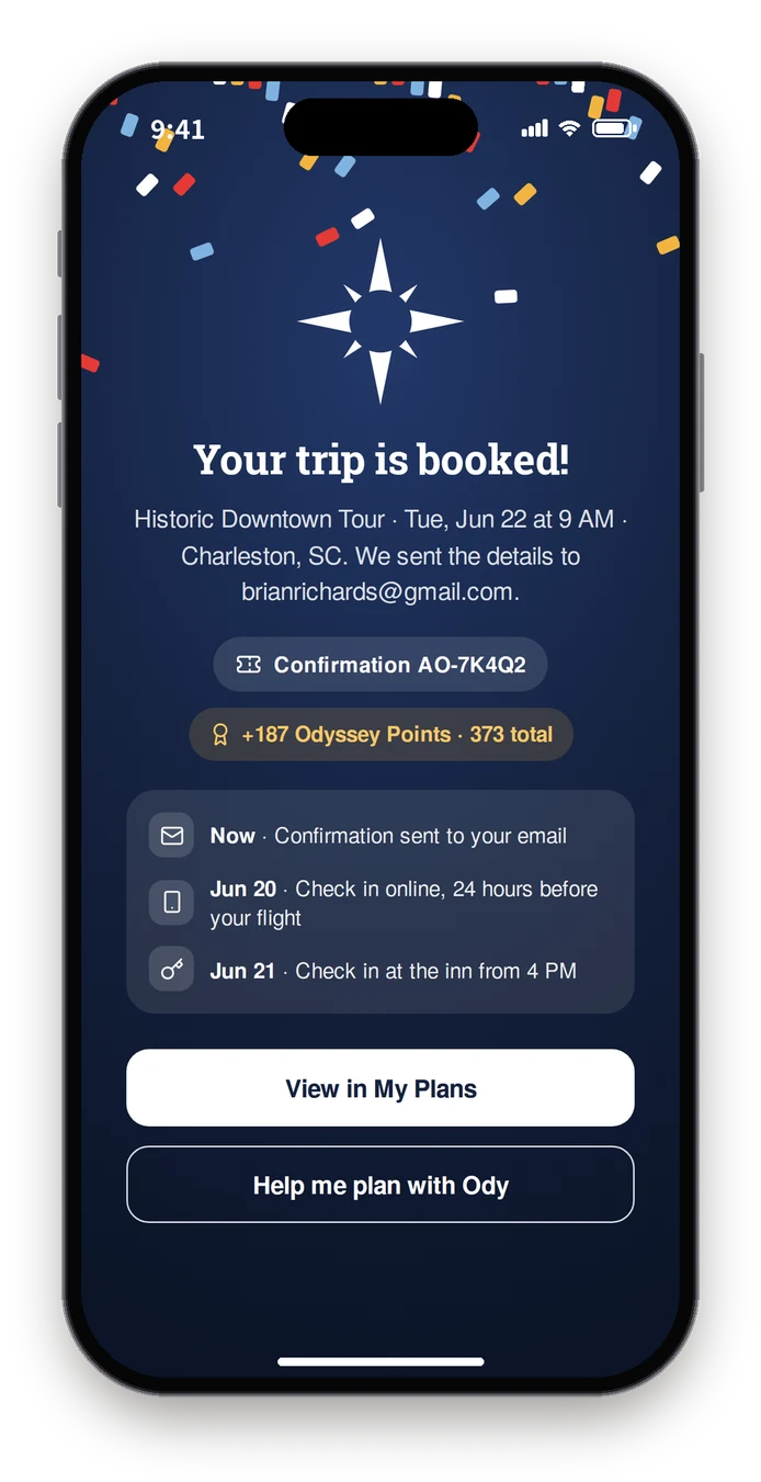 Final build confirmation on navy with the confirmation code, points earned and the next three steps