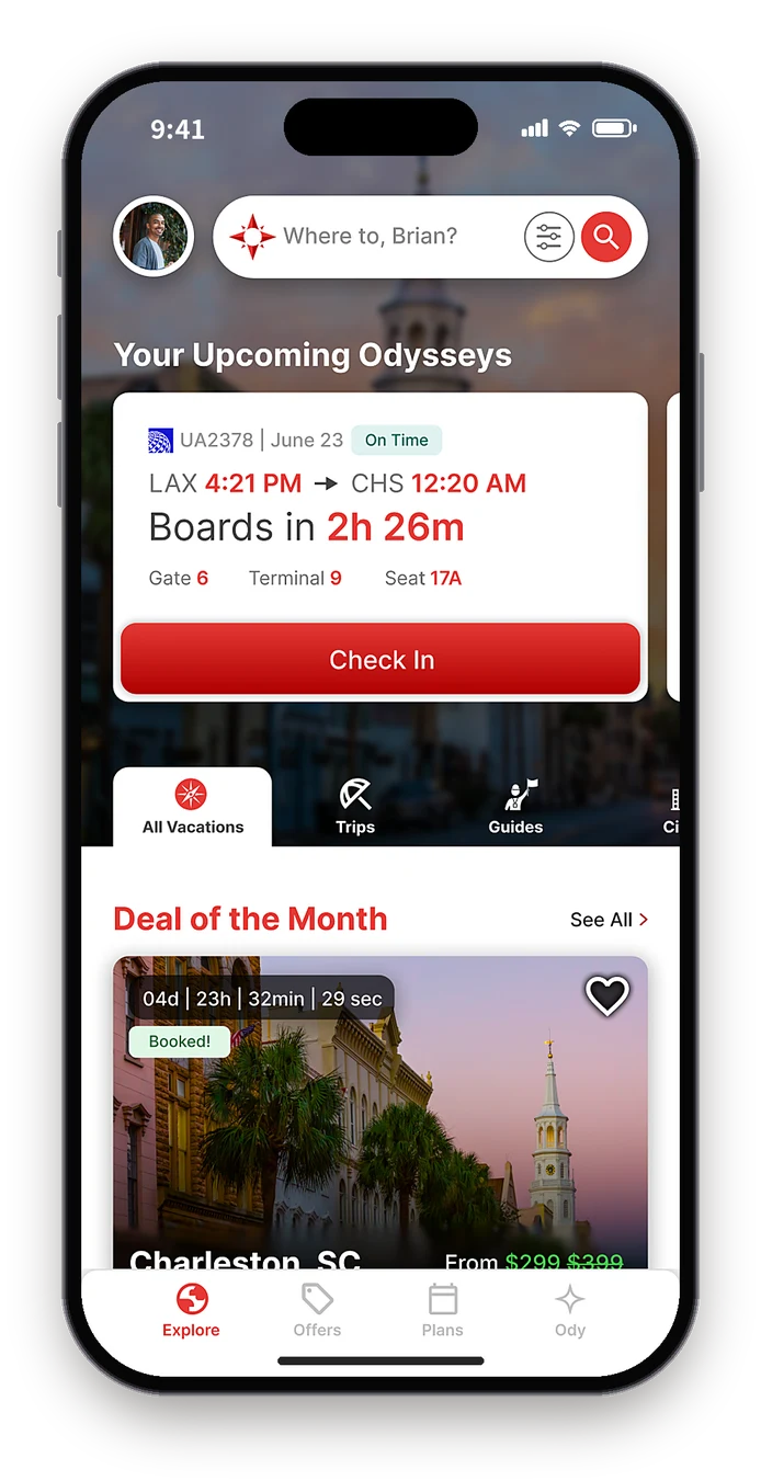 Figma Explore opening on a Your Upcoming Odysseys card with a United flight and a Check In button