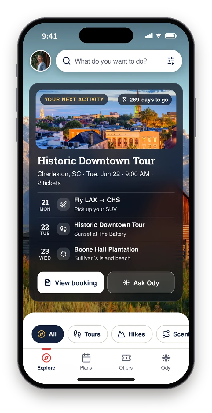 Final build Explore with a short Your next activity panel: a photo, the tour and the next three days