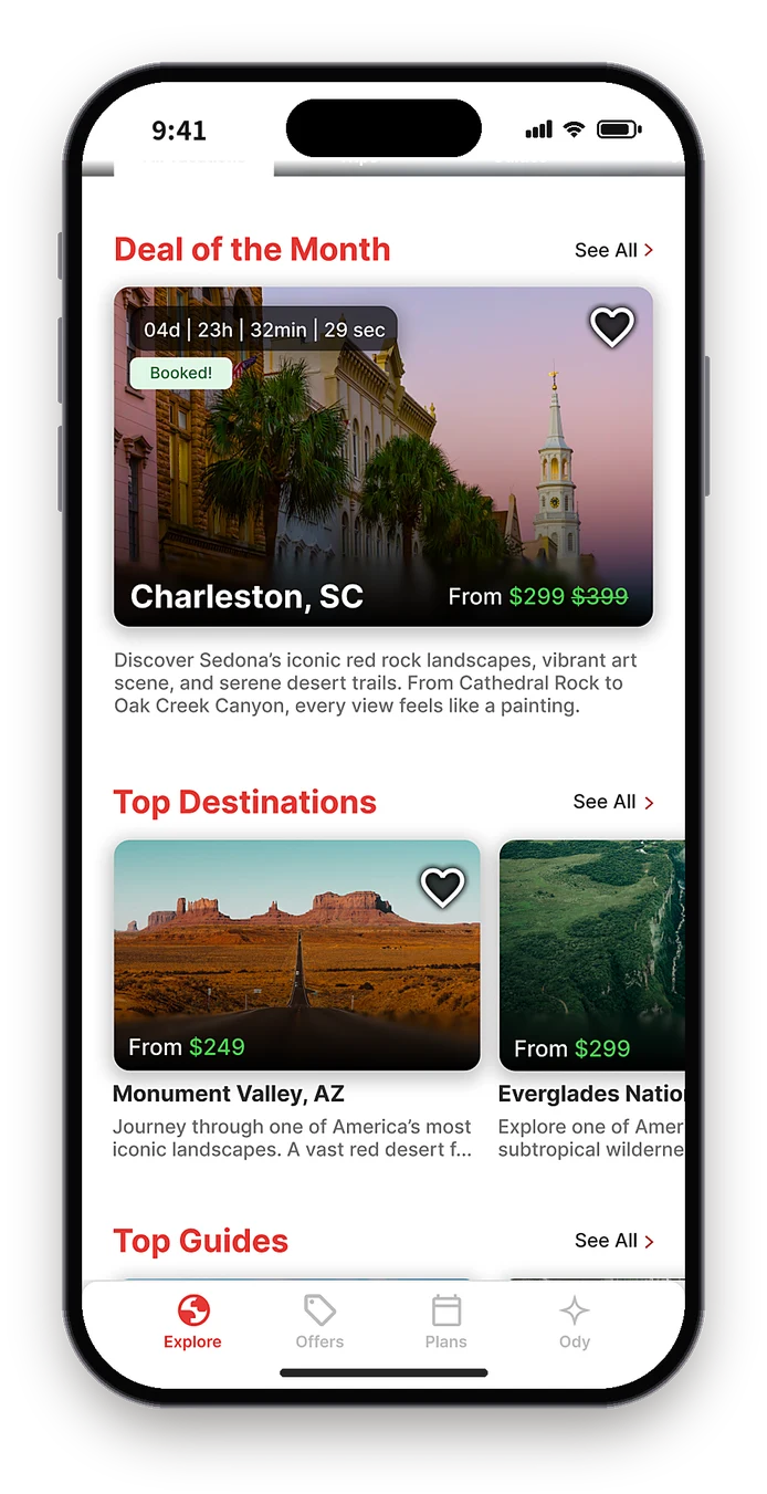 Figma Explore with trip categories above a $299 Charleston trip package as the Deal of the Month