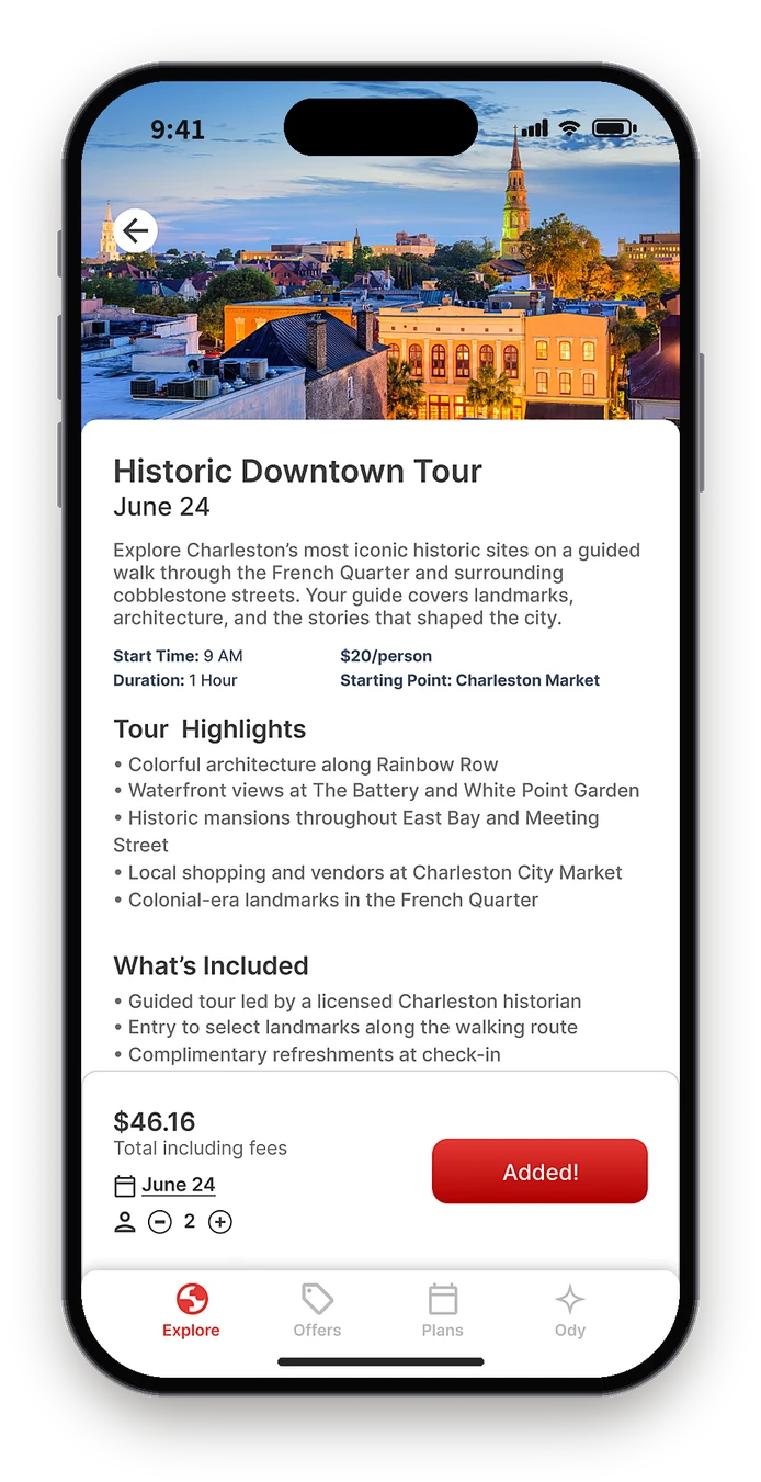 Figma Historic Downtown Tour page with a description and tour highlights above a price bar whose button reads Added!