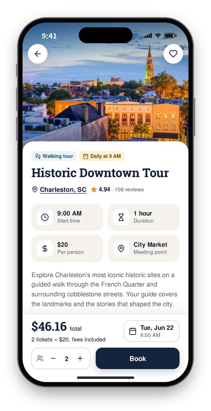 Final build tour page with the same details, a date picker, tickets and a Book button