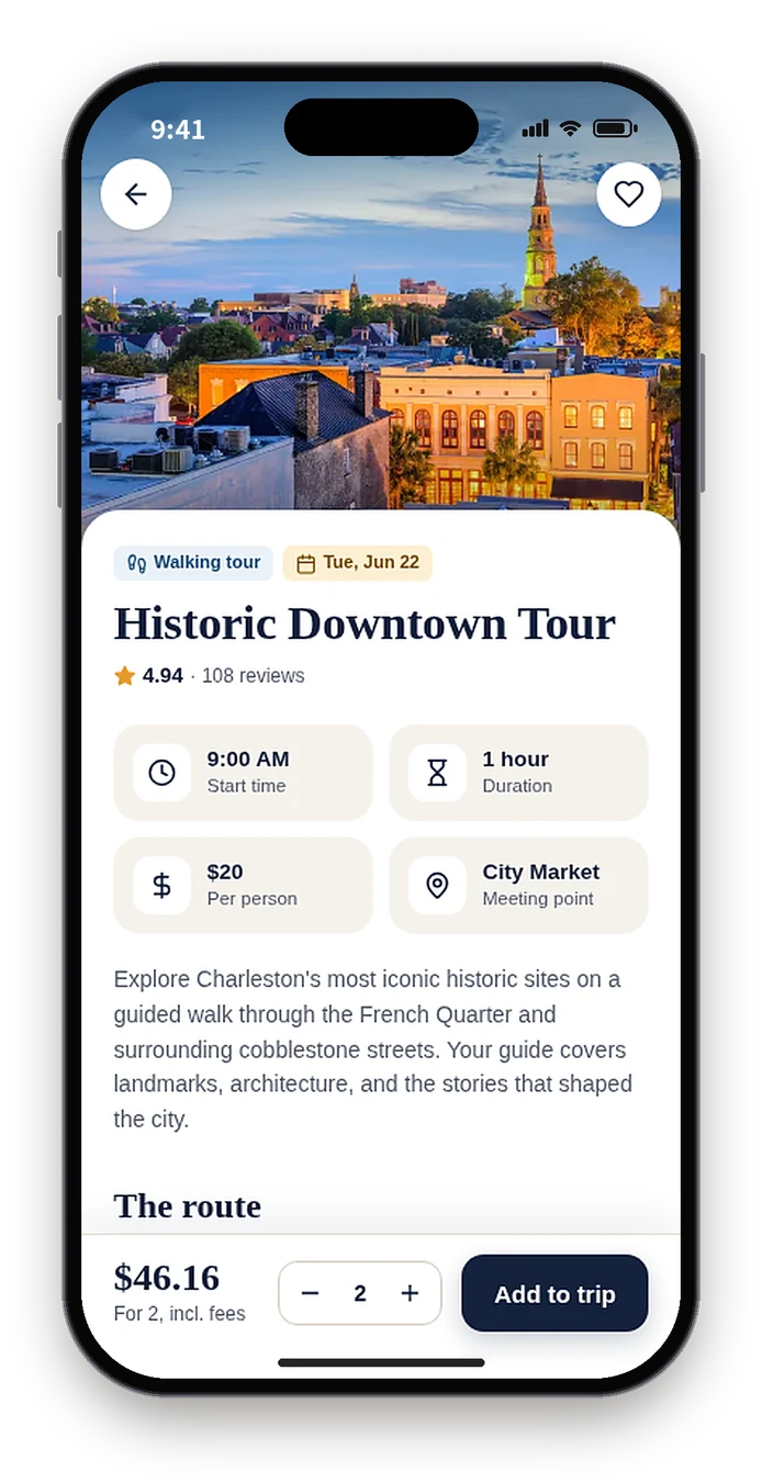 First build tour page with start time, duration, price and meeting point above an Add to trip button