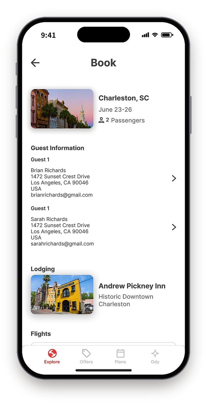 Figma Book screen with fixed June 23 to 26 dates, an inn and a United flight already in the booking