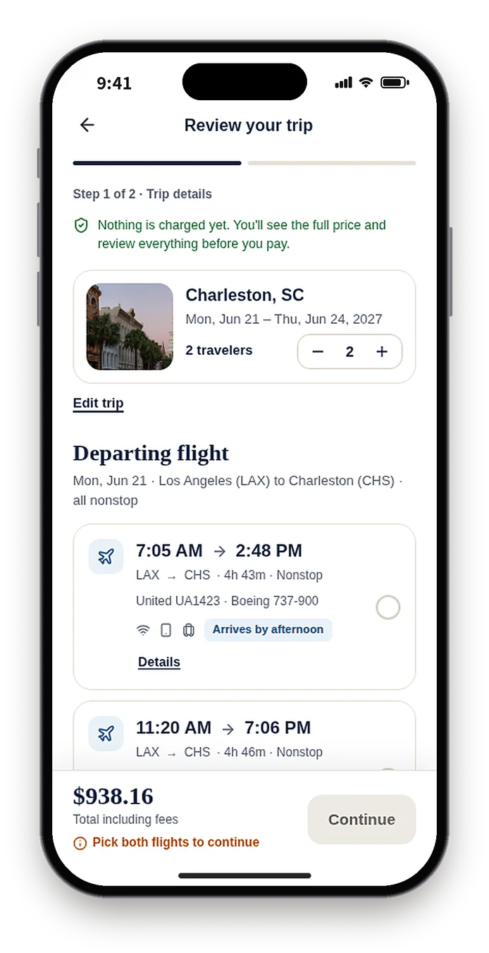 First build Review your trip, step 1 of 2, asking for both flights before it can continue