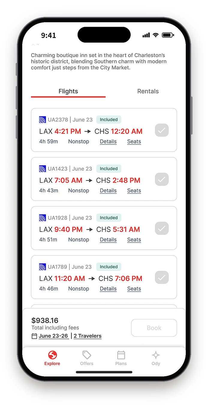 Figma booking with United flights, each marked Included, above a $938.16 trip total