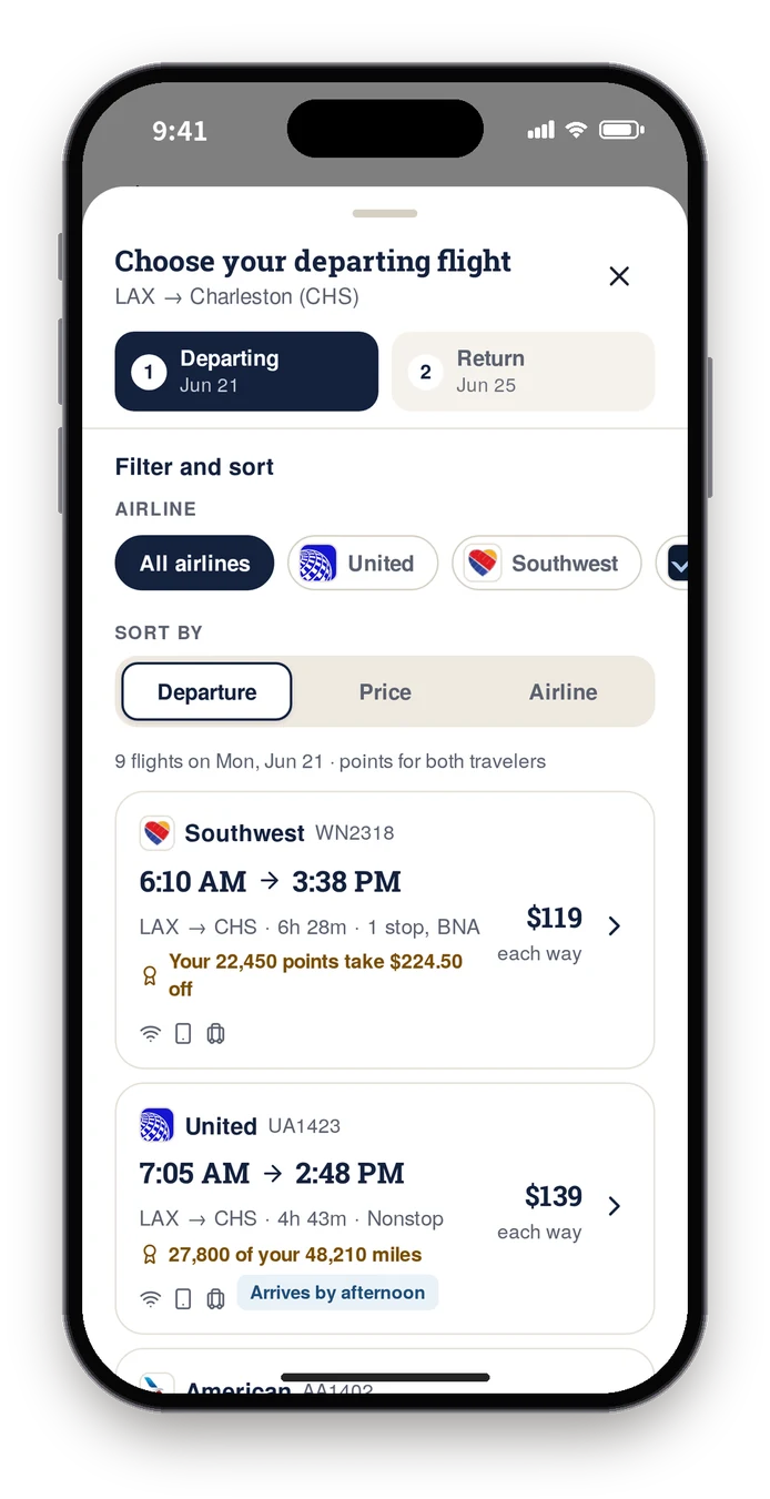 Final build flight list with airline filter chips and a separate sort control above Southwest and United fares, where points take $224.50 off