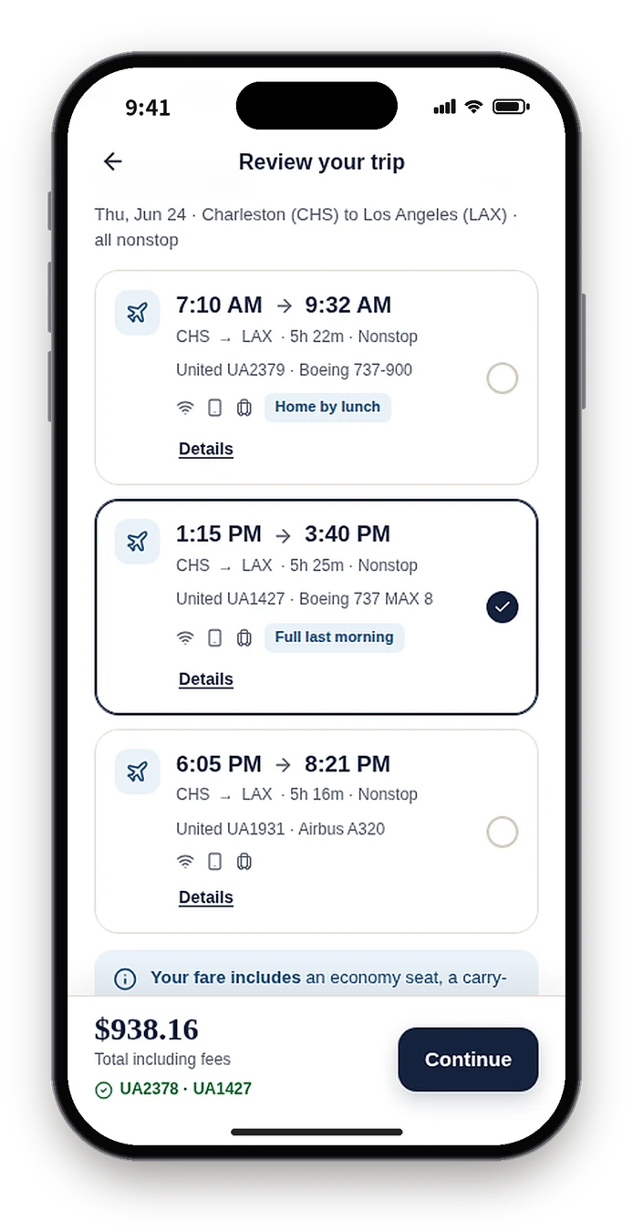 First build return flights, all United, with the fare included in the trip price