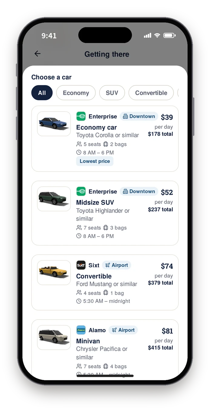 Final build car picker listing an economy car, a midsize SUV, a convertible and a minivan, each priced per day