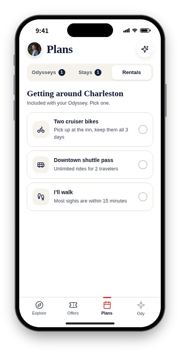 First build Getting around Charleston, with two cruiser bikes, a shuttle pass or walking