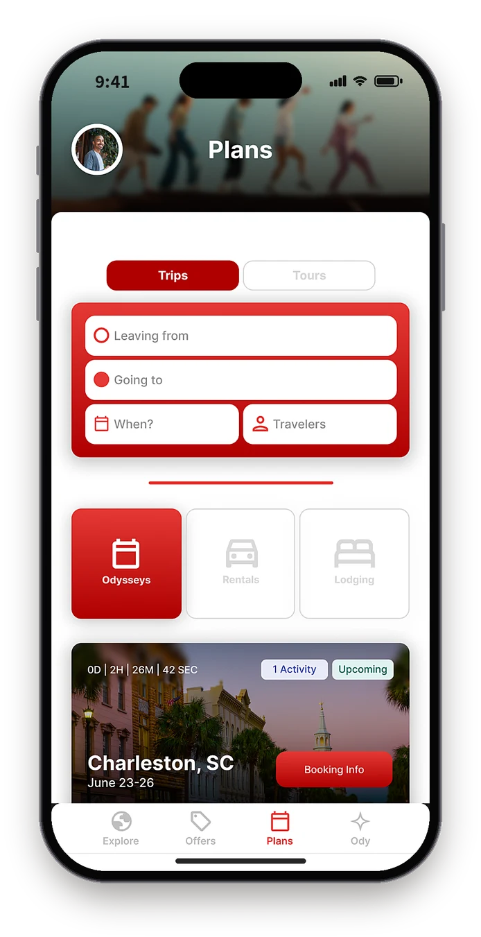 Figma Plans with a red trip search form, three category tiles and the Charleston trip card