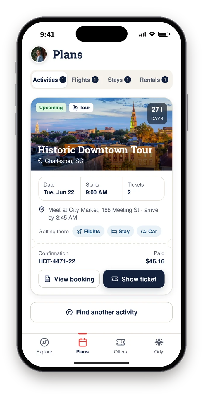 Final build Plans with Activities, Flights, Stays and Rentals tabs above the Historic Downtown Tour ticket