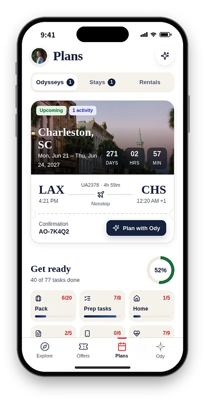 First build Plans with Odysseys, Stays and Rentals tabs above one Charleston trip ticket