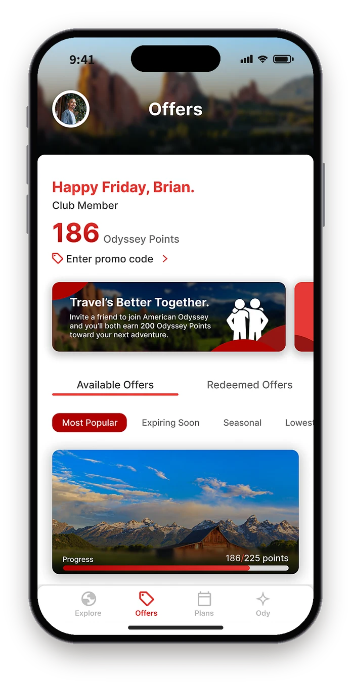 Figma Offers screen with 186 Odyssey Points in red above a referral banner, offer tabs and a National Park offer at 186 of 225 points