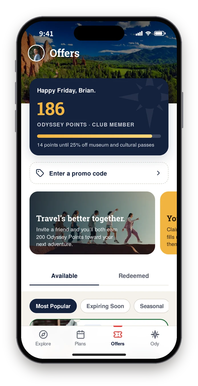 Final build Offers with the navy points pass and no How it works button, with Offers after Plans in the tab bar