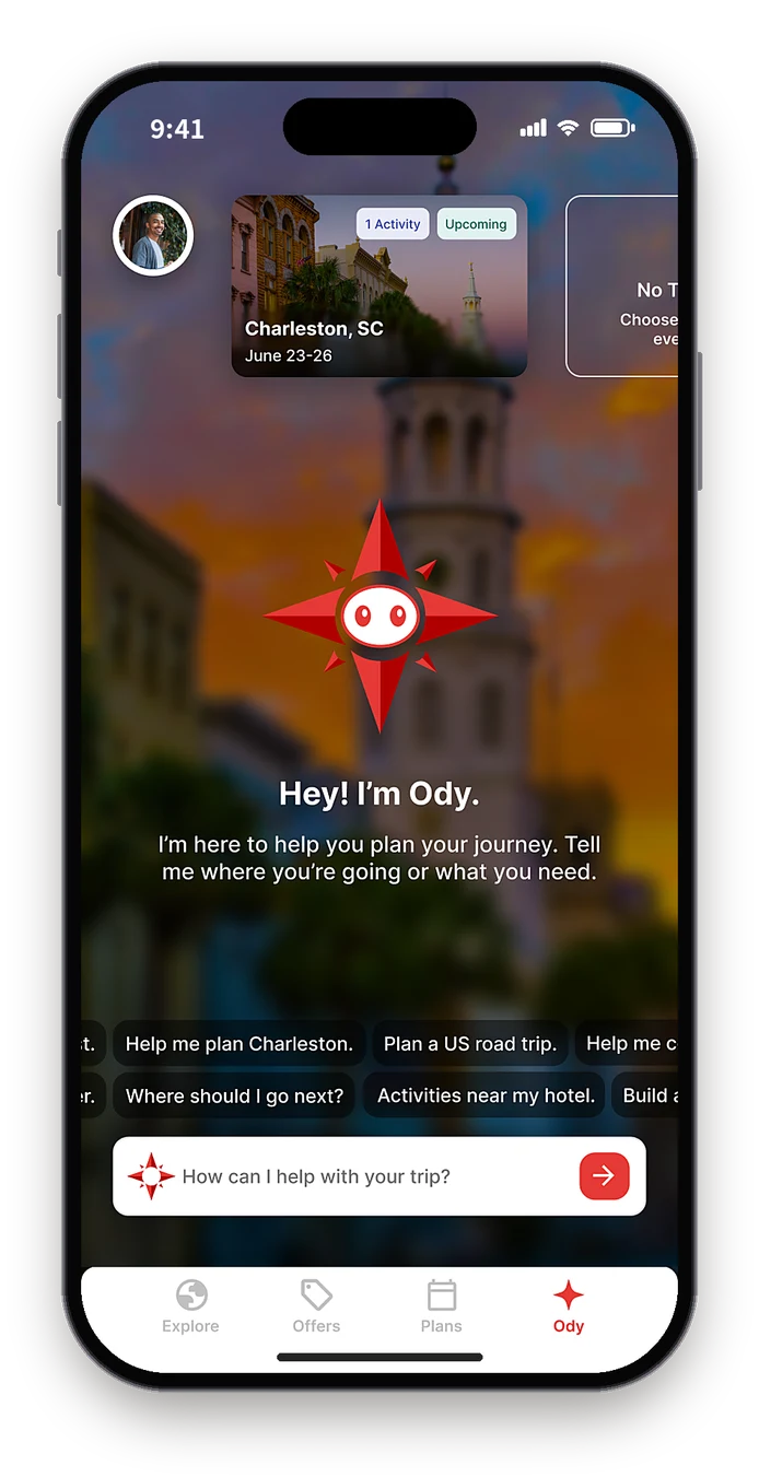 Figma Ody screen with a Charleston trip card, the Ody mascot saying Hey, I'm Ody, and suggested prompts