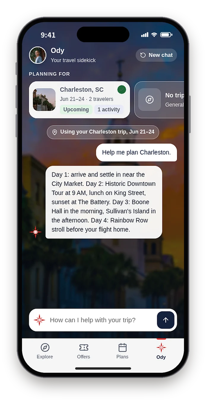 First build Ody using the Charleston trip to answer Help me plan Charleston with a day-by-day plan