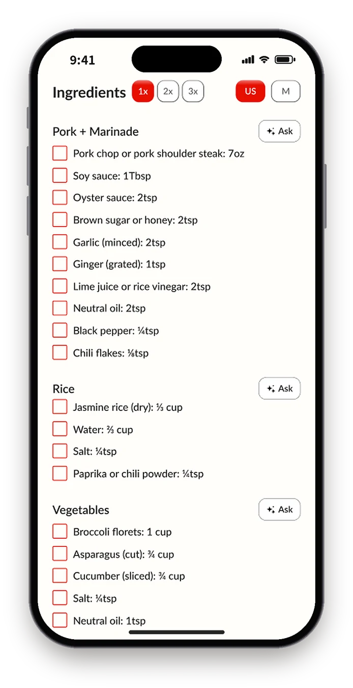 Figma recipe page with a separate Ask button on each ingredient group