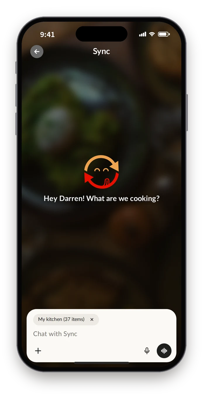 First build's assistant, named Sync, opening on a blank chat with the pantry attached