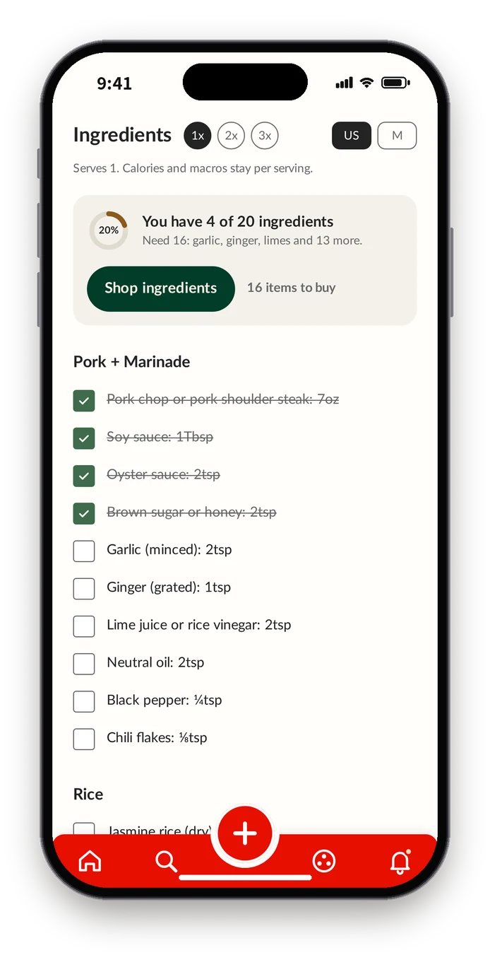 Final recipe page with four ingredients checked off and 16 left to buy