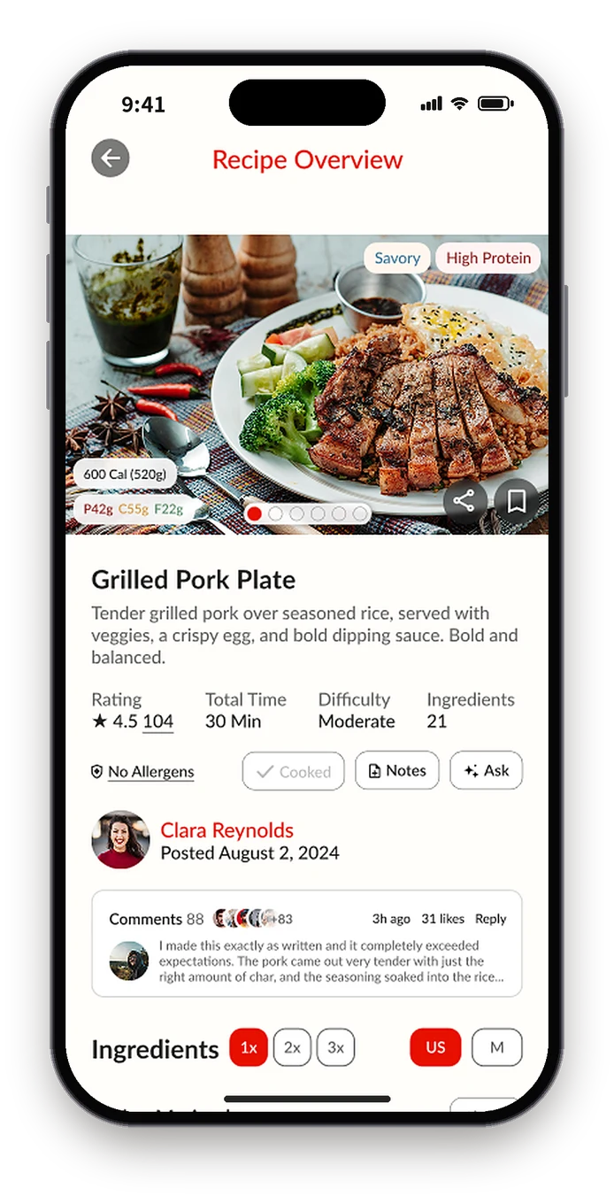 Figma recipe page with no way to plan or shop, only small Cooked, Notes and Ask buttons