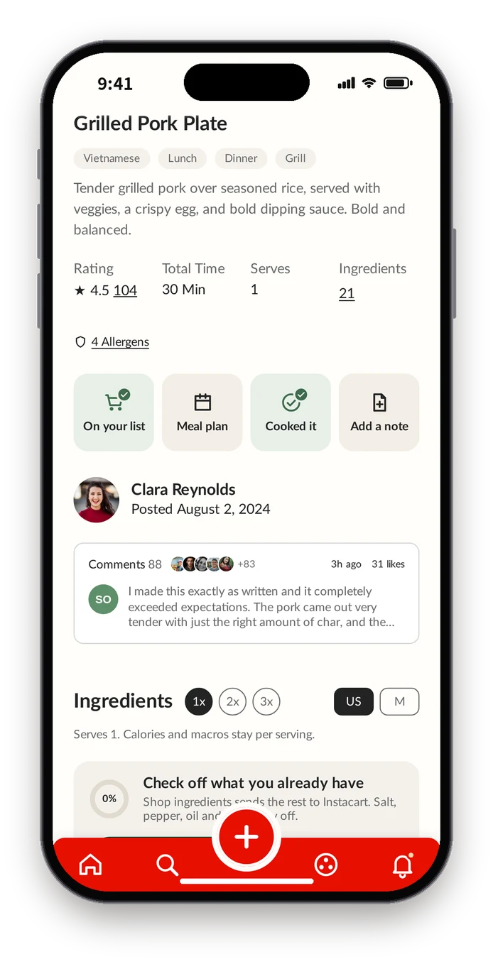 Final recipe page with four action tiles under the title, two marked On your list and Cooked it