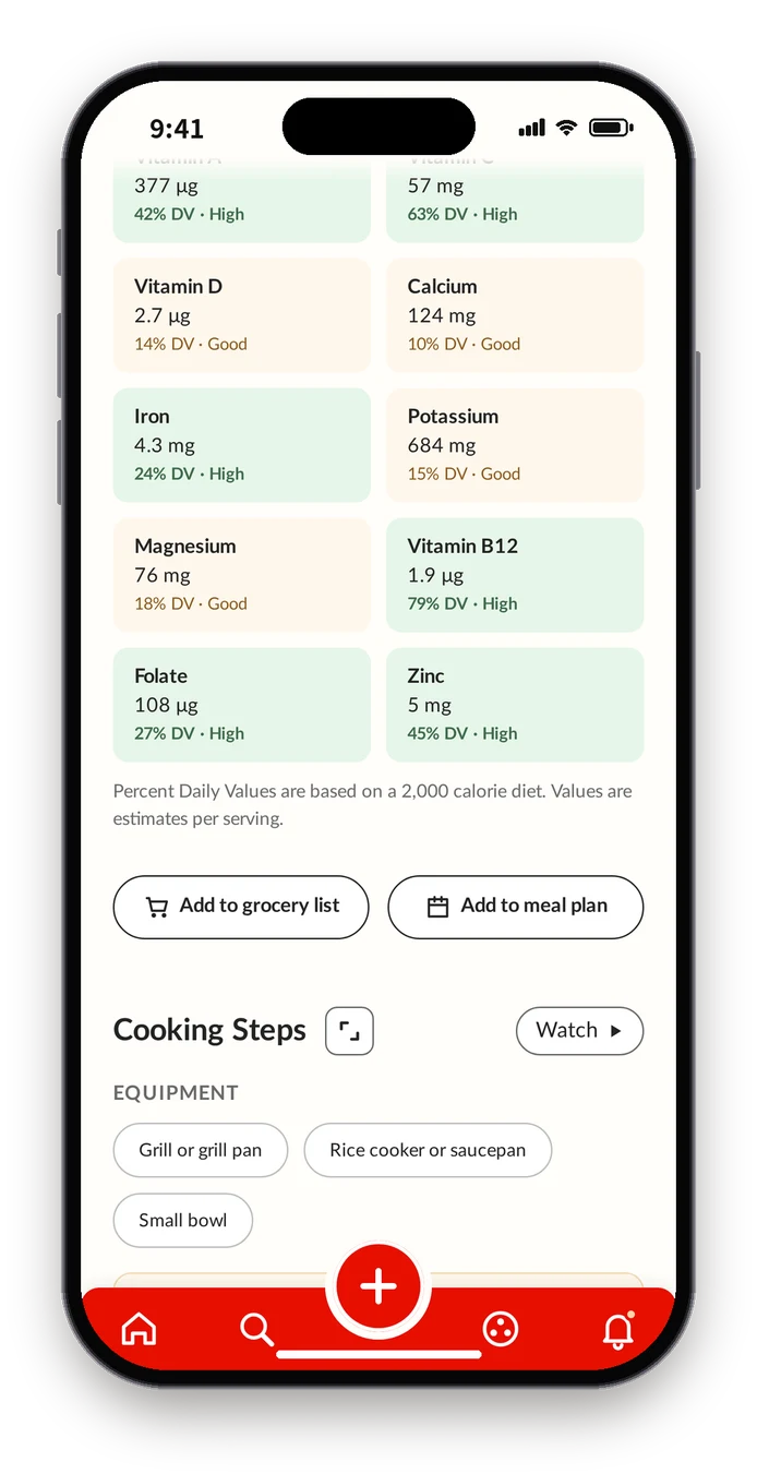 First build with Add to grocery list and Add to meal plan buttons below the nutrition facts