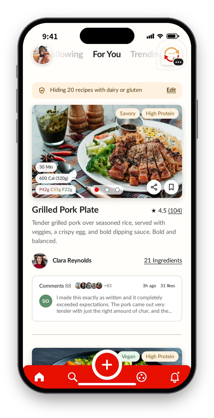 Final feed with a banner reading Hiding 20 recipes with dairy or gluten, and an Edit link
