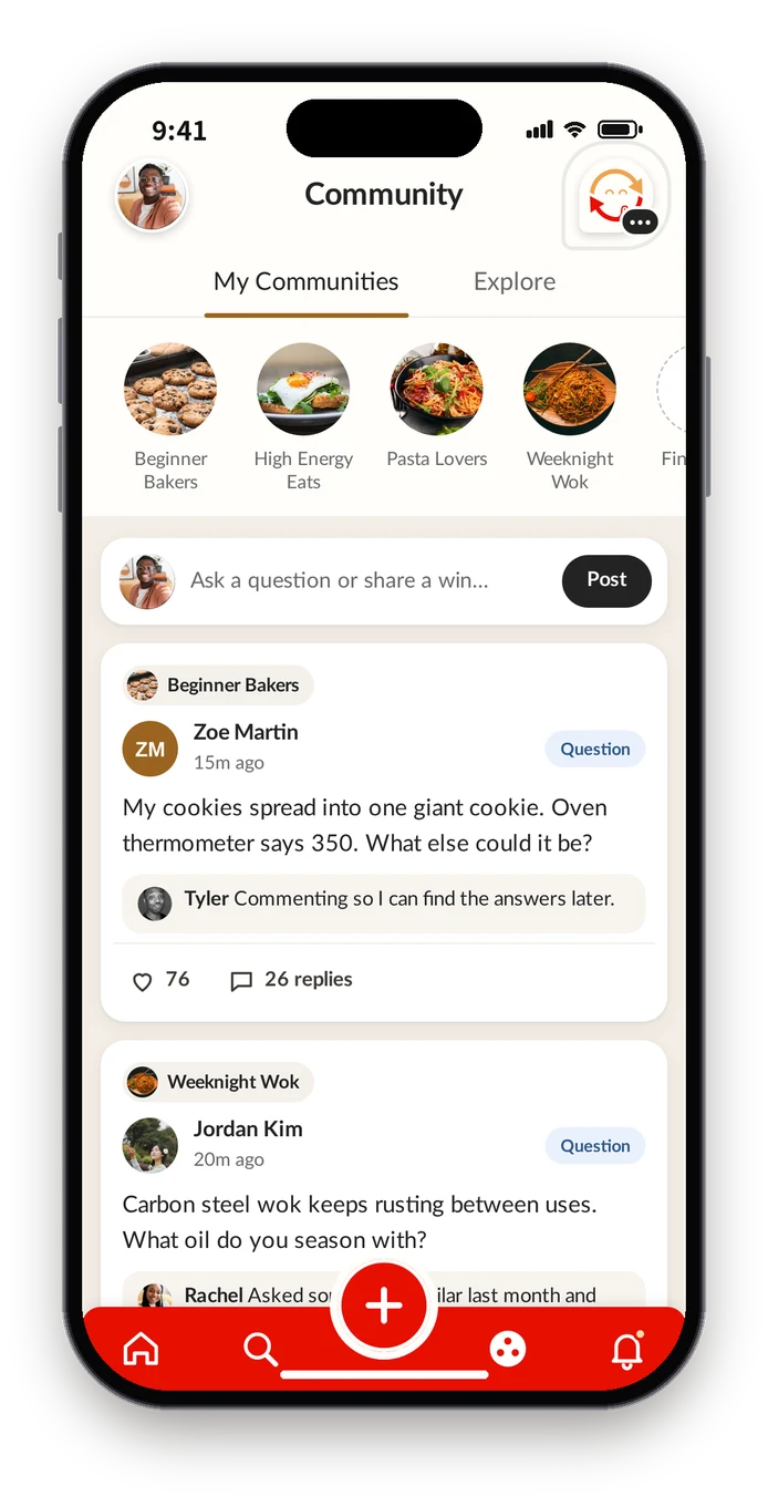 Final Community feed of posts from your groups, with a question showing its top reply