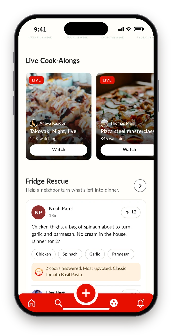 First build Community page mid-scroll, with Live Cook-Alongs stacked above Fridge Rescue