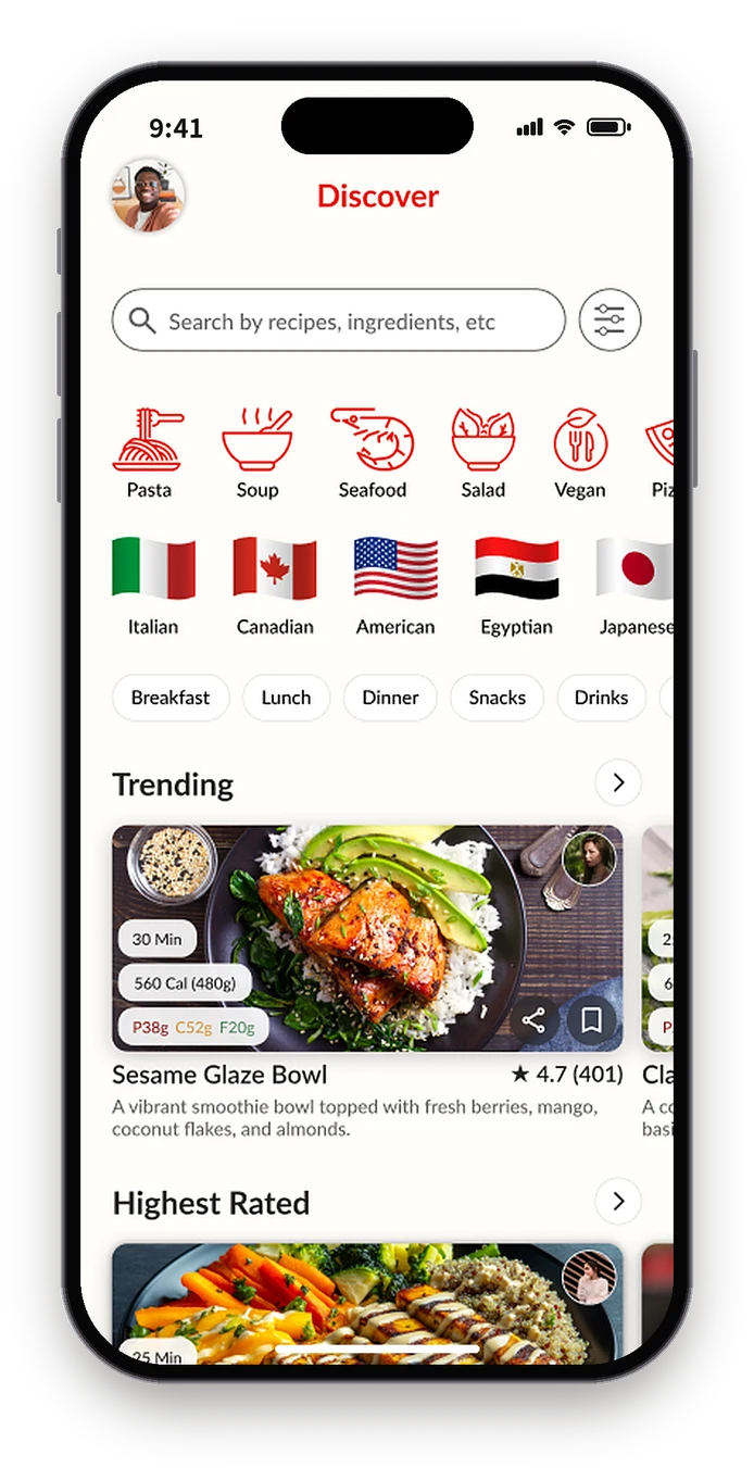 Figma Discover page with food category icons, cuisine flags and trending recipes