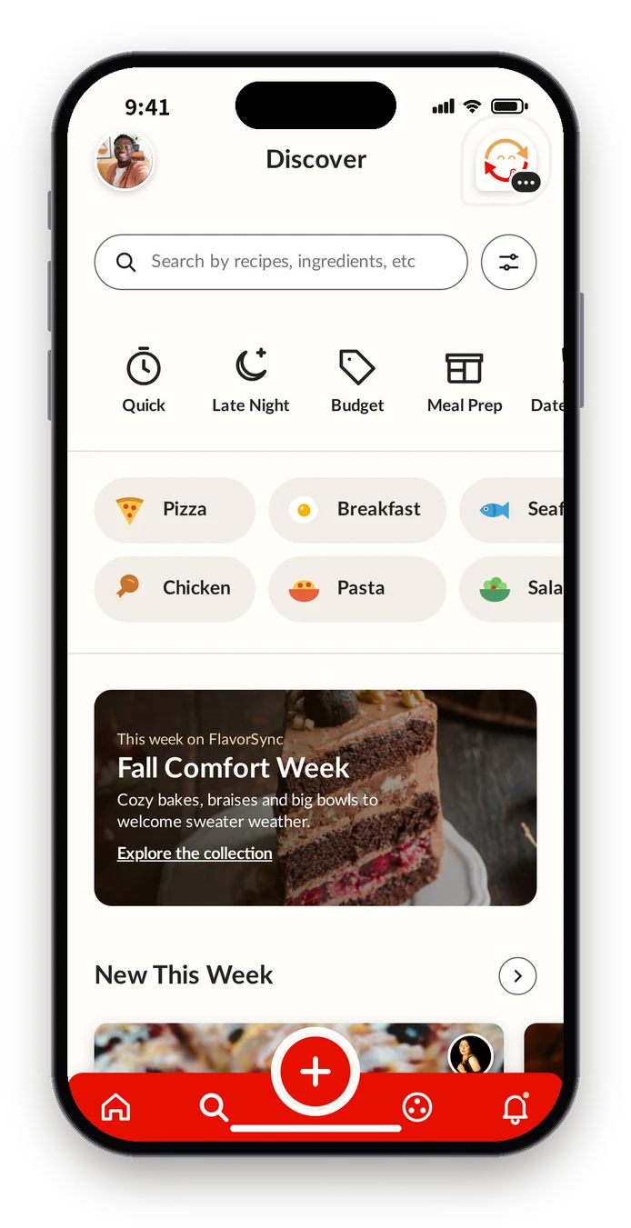 Final Discover page with situations like Quick and Late Night above food pills and a seasonal collection