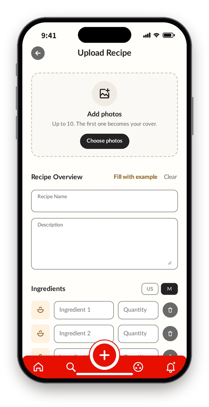 Top of the final upload form: room for up to 10 photos, then name and description fields above an ingredients list with quantities