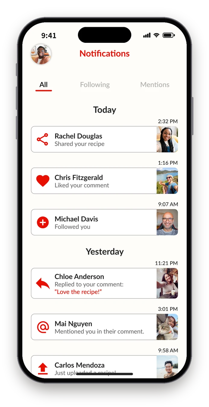 Figma notifications with a red title and a red icon on every row