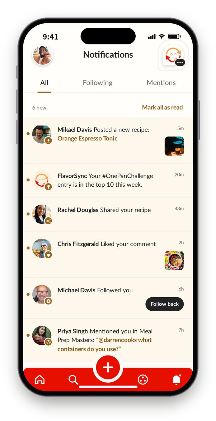 Final notifications with a dark title, small badges on avatars and amber highlights