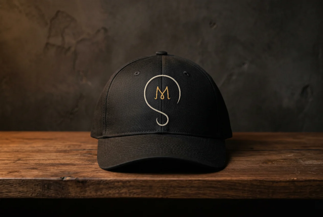 A black baseball cap on a wooden shelf with the logomark embroidered on the front.