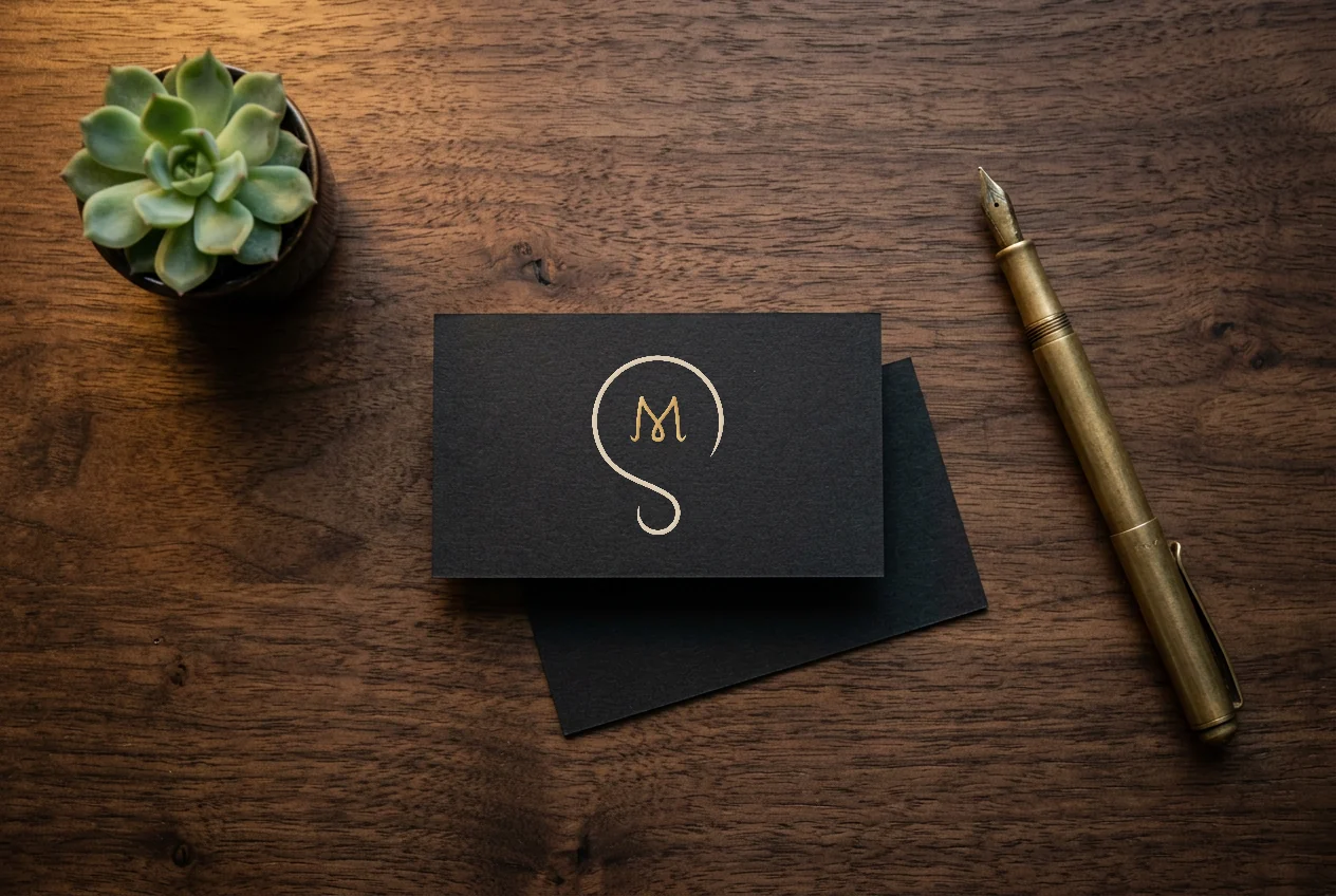 Black business cards on a walnut desk, printed with the logomark in cream with a gold foil M.